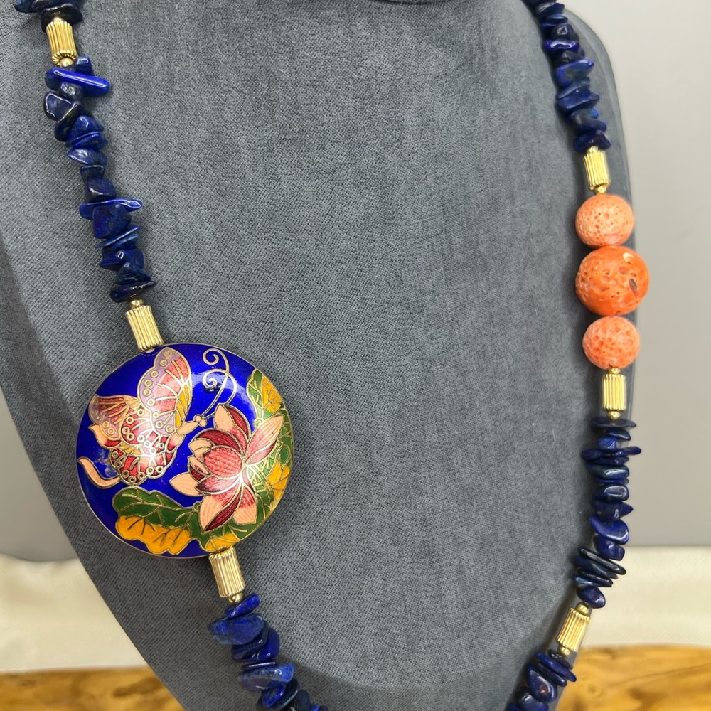 Lapis Lazuli Blue & Orange Sponge Coral Floral Cloisonné Pendant MJ Necklace - Picture 2 of 14